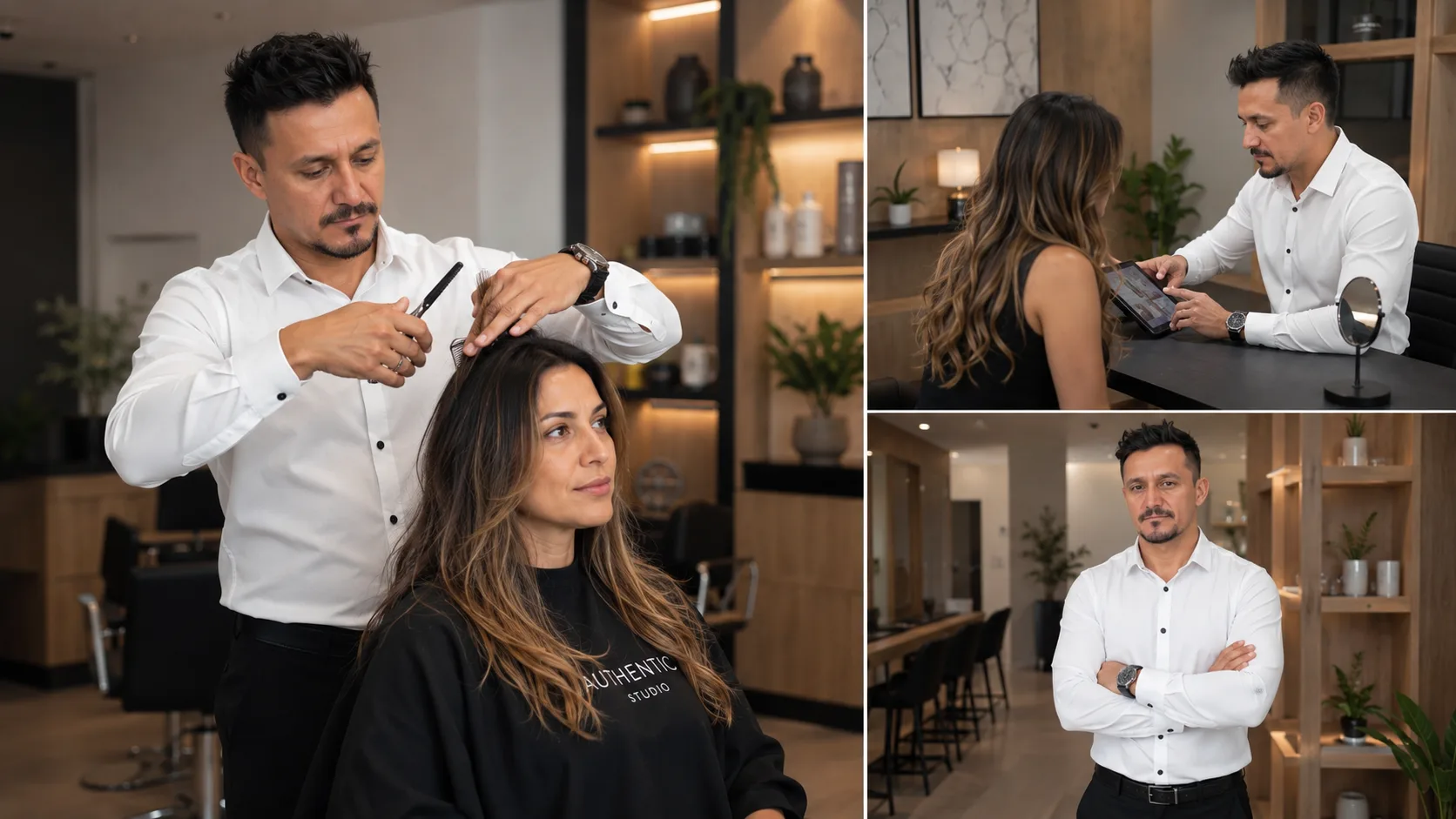 Jean Saito, visagista, realizando análise facial e consultoria de imagem em uma cliente usando uma régua de proporção no Authentic Studio, salão de beleza na Asa Norte, Brasília.